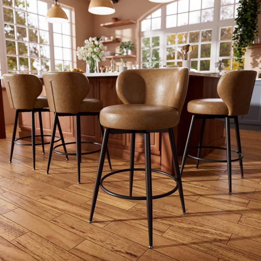 Set Of 4 Swivel Bar Stools, 26 Inch PU Leather Counter Height Bar Chairs With Back, Sturdy Metal Legs, Footrest, Modern Upholstered Bar Stools For Kitchen Island, Dining Room & Home Bar, Brown - 棕色 - 查看 1