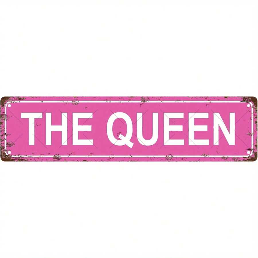 THE QUEEN Vintage Metal Tin Street Sign - 16x4 Inch Rustic Distressed Pink Wall Decor For Home, Bar, Cafe, Garage, Farmhouse, Garden, Porch & Patio, Cafe Signage, Garden Accessory, Bold Text Design, Weathered Finish - 彩色 - 查看 1