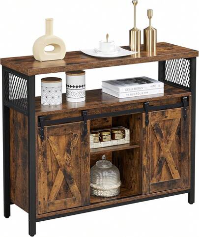 Credenza, Mobile da Cucina, Armadietto Organizzatore, con 2 Ante Scorrevoli, 33 x 100 x 80 cm, Ripiani Regolabili, Stile Country, per Soggiorno, Marrone Vintage e Nero