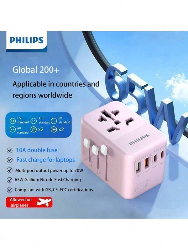 PHILIPS Convertidor de corriente universal SPB1008 con tecnología de carga GaN de 65 W, compatible con múltiples estándares de enchufes internacionales, diseño ligero para viajes, enchufe estándar europeo tipo C (220-240 V).