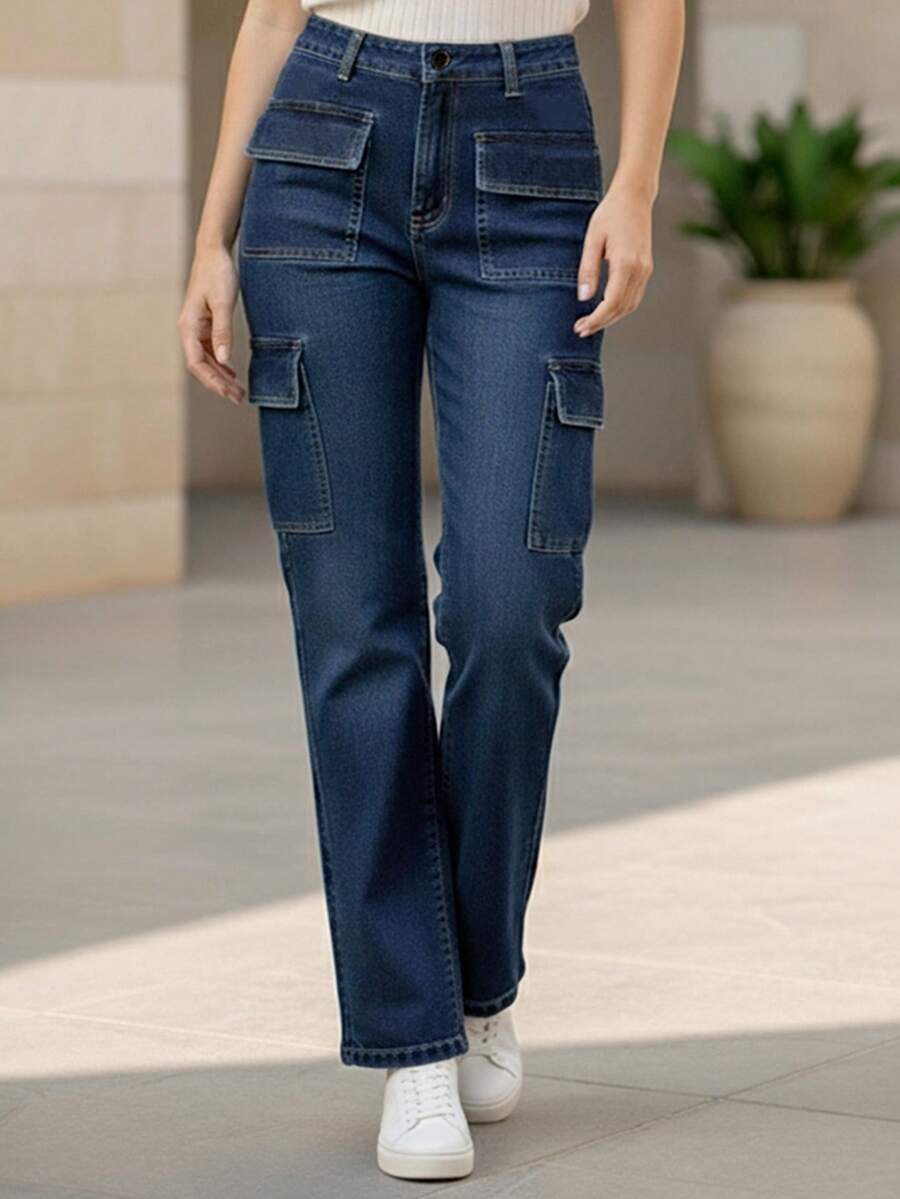Pantalones vaqueros cargo de mezclilla de pierna recta para mujer, estilo casual, largos. - Azul - Ver 1