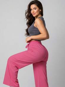 Wide Leg Pants With Flare Leg, Sophisticated Fit, Structured Style, High , Contemporary, Casual, Comfortable, Modern, Chic - 玫紅色 - 查看 6