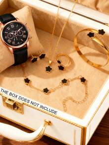 7件套多功能黑色星空石英数字手表套装，搭配幸运花项链、手链、戒指、耳环和珠宝配饰，是情人节和复活节送给女性的理想礼物。