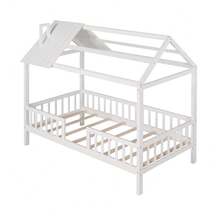 MERAX Twin Size Wood House Bed With Fence,White - 白色 - 查看 5