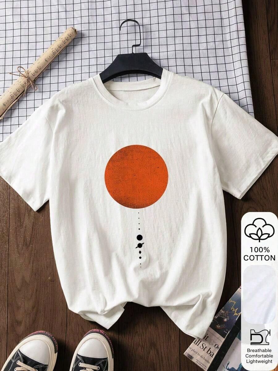 1 PcsSummer Women's Loose T-Shirt, Sun & Planet Print, 100%Cotton White Short Sleeves, Graphic T-Shirt,Chinese New Year, Lunar New Year, Year Of The Year Of The Horse, Spring Festival,Happy New Year , Valentine's Day, Valentine's Gift, Valentine's Day Gift For Her, Valentine's Present180g 100% Cotton,The Patterns Are All Printed. Unisex. - 白色 - 查看 1