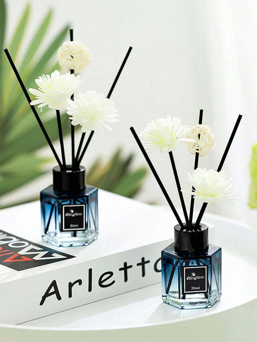 6-Piece Set (1 Fragrance Bottle + 3 Black Fiber Sticks + 2 White Flower Stems) Flameless Home Fragrance Kit, Long-Lasting Scent, Suitable For Bedroom, Bathroom And Living Room, Can Be Used For Aromatherapy, Air Freshening, Diffusing, Gifting And Home Decor