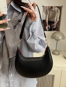 1pc PU Solid Color Zipper Crescent Underarm Bag, Fashionable Retro Shoulder Bag, Suitable For Office Ladies, Versatile (Lychee Pattern Style) - Black - View 4