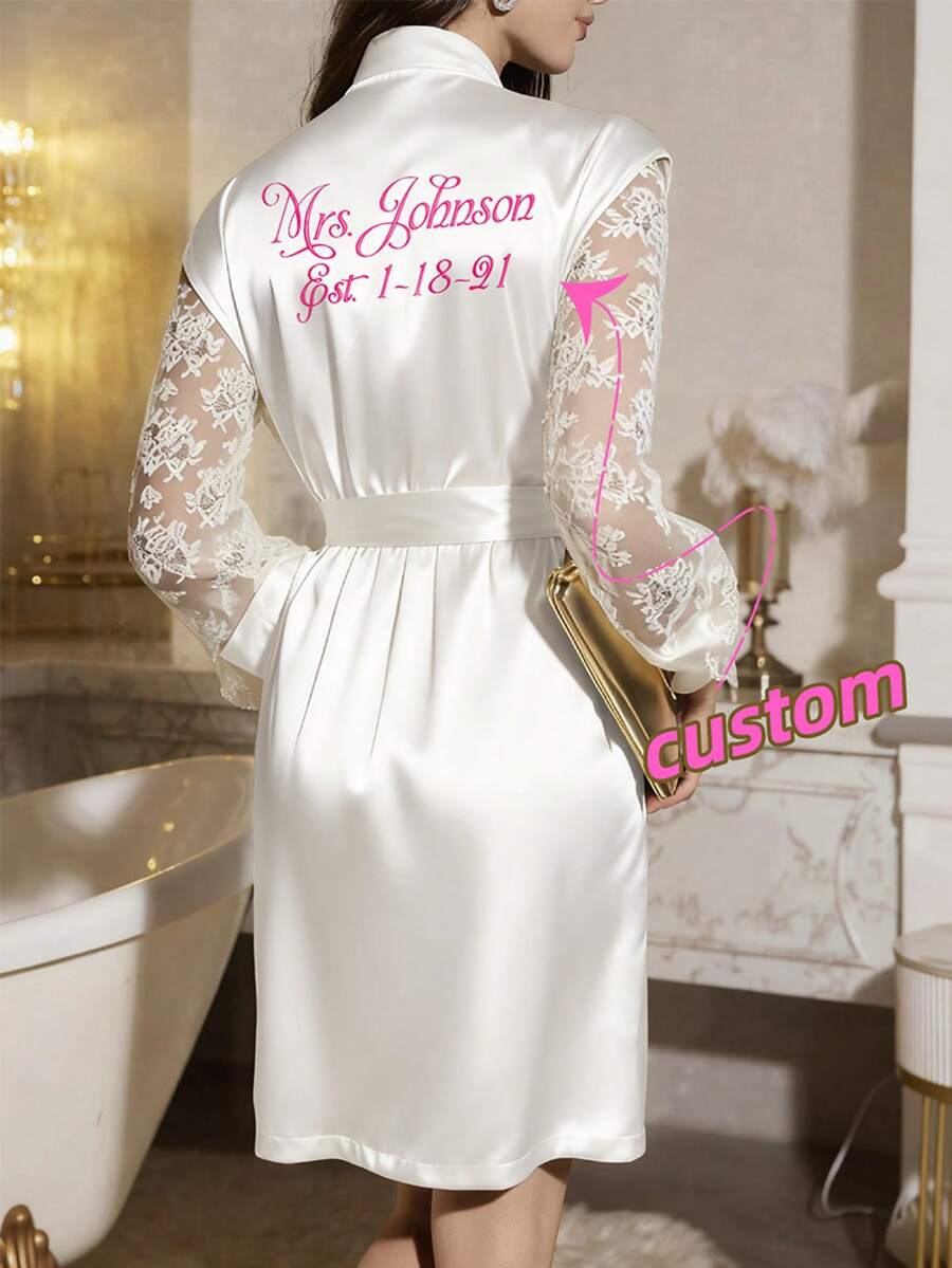 1 Stück personalisierter, bequemer Damen Schlafanzug-Set - Sexy Spitzen Dessous & personalisierter Bademantel, in mehreren Farben erhältlich, kann Braut- & Bräutigamnamen, Hochzeitsdatum, personalisierter Text angepasst werden, Satin Braut-Bademantel & bequemer Schlafanzug, besonderes Geschenk für Braut, Brautjungfer, Freundin - Verschiedenfarbig - Übersicht 1