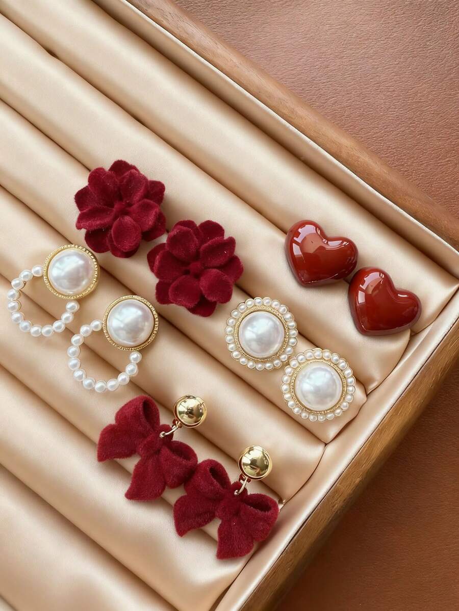 Bộ 3-5 đôi khuyên tai ngọc trai giả hình nơ, hoa, trái tim, hình học cổ điển, thanh lịch, phù hợp cho nữ, dịp Giáng sinh, ngày lễ tình nhân, đeo hàng ngày - Đỏ - Xem 1