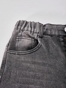 少女直筒弹力腰宽松休闲复古牛仔裤 - 灰色 - 查看 6