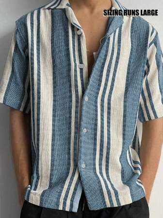 Men's Casual Striped Short Sleeve Shirt, Fashionable & Versatile, Collared, Full Front Button Design, Suitable For Business, Work, And Leisure Wear