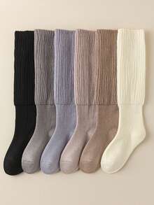 6 Pairs Women's Solid Color Socks, Casual & Versatile, Thick & Warm For Autumn/Winter, Over The Calf School Style, Cozy Socks - Multicolor - View 3