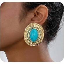 Chunky Gold Turquoise Statement Earrings Women,Vintage Big Oval Dangle Drop Earrings,Boho Exaggerated Western Jewelry Accessories - màu ngọc lam - Xem 8