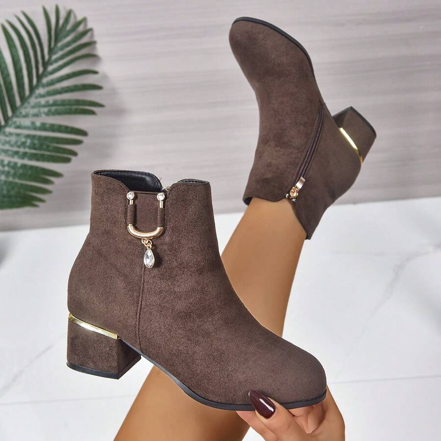 Botas de tobillo elegantes para mujer, con punta puntiaguda, tacón grueso alto, cierre con cremallera, botas cortas cómodas y versátiles - Marrón - Ver 1