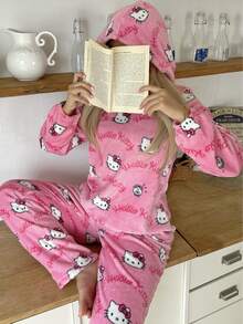 Sanrio Hello Kitty 女士加厚抓绒连帽卫衣+舒适家居裤套装，2件装，蓬松保暖冬装 - 粉色 - 查看 2