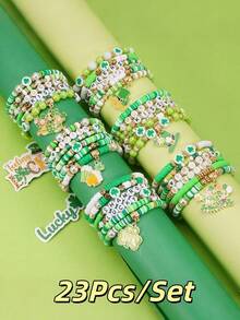 22/23/34Pcs St. Patrick's Day Shamrock Bracelet Set - Stackable Green Lucky Beaded Wristbands With Golden Accents, Festive Irish Festival Jewelry, Ideal Daily Wear & Gift - Multicolor - View 10
