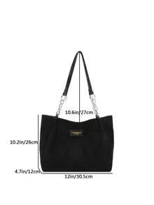 复古麂皮手提包，女士大容量单肩包，饰有字母烫金装饰，配有可调节链条肩带，休闲通勤手提包，适合秋冬季节。 - 黑色 - 查看 2