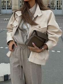 Doriss 立领翻盖口袋人字纹纽扣拉链夹克，返校季，外套，纯色，适合晚餐，复古波西米亚风春季 - 杏色 - 查看 3