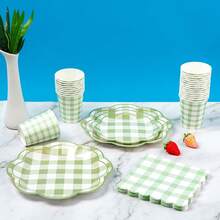 8 piezas Juego de platos, servilletas y vasos desechables con forma de pétalo a cuadros verdes, adecuado para 8 invitados, vajilla desechable de papel para fiestas, cumpleaños, bodas, eventos temáticos, picnics familiares - Multicolor - Ver 5