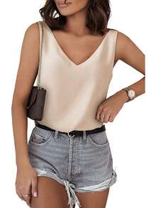 Womens Silk Satin Tank Tops V Neck Casual Cami Sleeveless Camisole Blouses Summer Basic Tank Shirt - 杏色 - 查看 2
