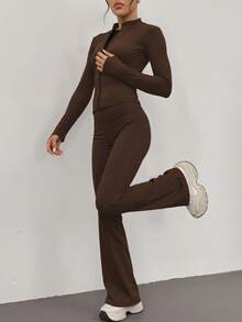 Soyun Women's Autumn/Winter Yoga Top & Flare Pants, Casual Homewear & Fitness Daily Wear - Coffee Brown - View 12