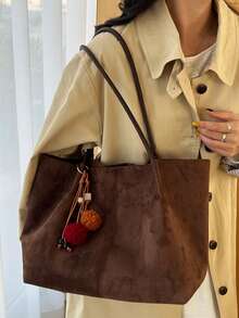 2pcs/Set Autumn/Winter Large Capacity Plush Tote Bag, Fashionable Commuter Handbag With Detachable Pouch & Charm - Multicolor - View 7