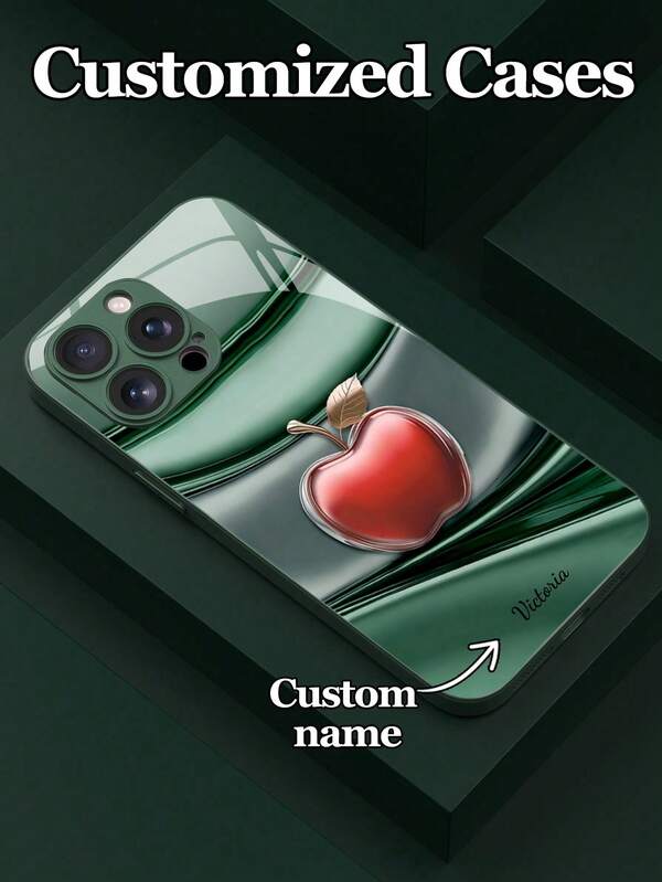 1pc Customizable Phone Case With Green Streamlined Apple Design, Tempered Glass Material, Suitable For IPhone 17 Pro Max/17 Air/16 Pro Max/15 Pro/14 Plus/13 Pro/12 Pro Max/11/Xs Max/8/7/6 Plus, S24 Ultra/S25 Ultra/A12/A55/A31/A22, High-End Business Custom, Best Gift For Friends And Family