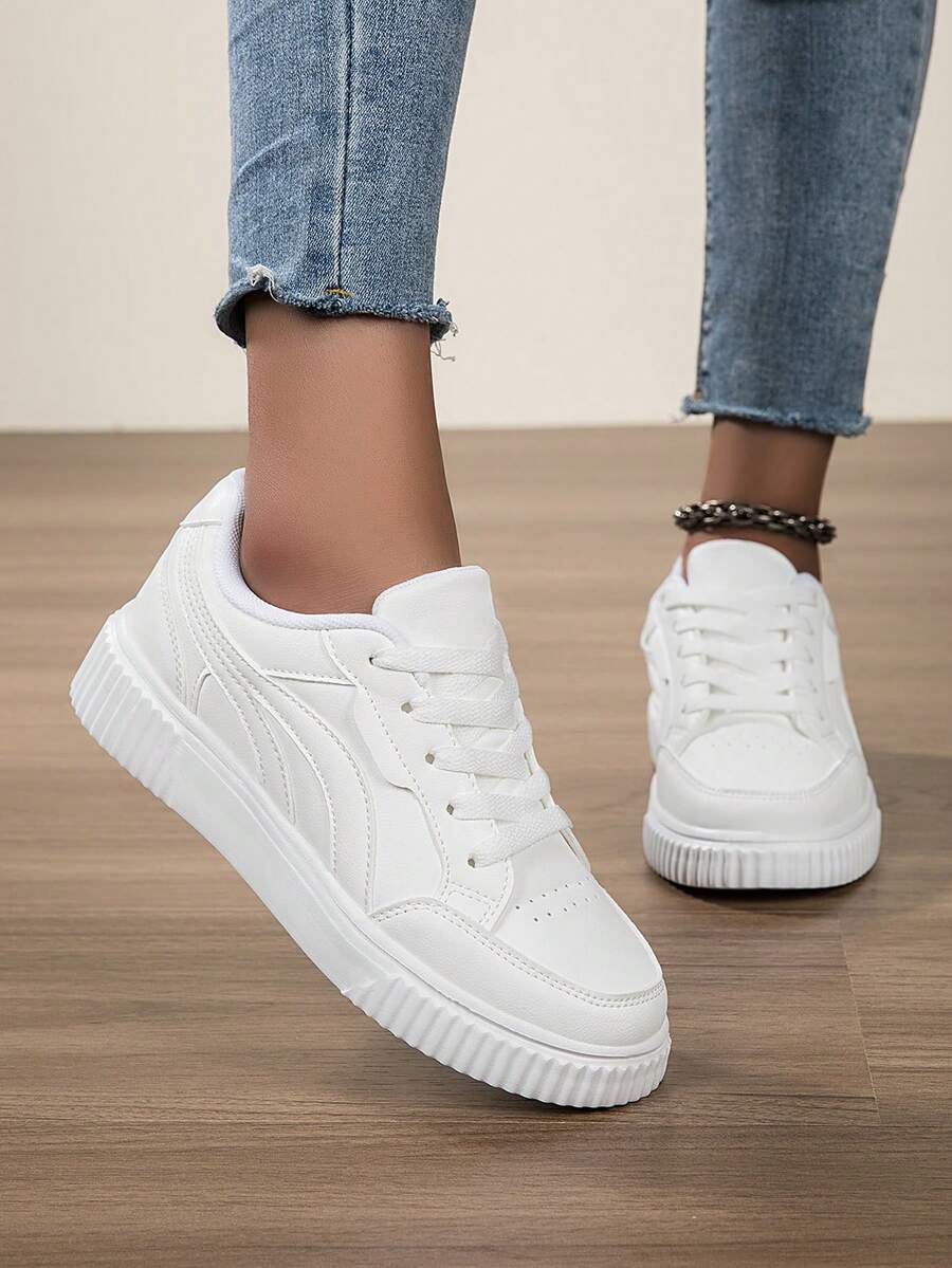 女士纯色低帮条纹系带休闲运动鞋，时尚舒适透气滑板鞋，户外步行跑步鞋 - 白色 - 查看 1