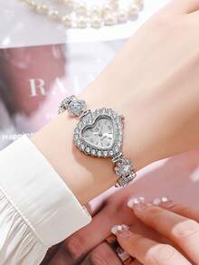 1 pièce Montre à quartz de luxe mode femme avec cadran étoilé en forme de cœur, petite taille avec strass, convient pour le port quotidien et les fêtes
