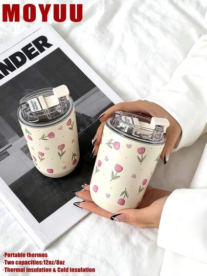 1pc Pink Heart Tulip Stainless Steel Double Wall Vacuum Insulated Tumbler, 280ml-380ml Capacity, Suitable For Gym, Office, Home, Outdoor, Travel, Holiday Gifts, Graduation, Back To School, Mother's Day