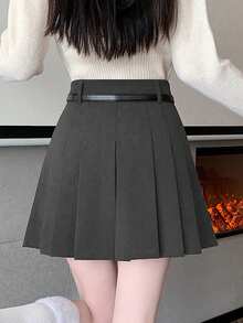 Rok A-Line Lipit Pinggang Tinggi Bahan Korduroi Model Ramping Terbaru untuk Wanita, Cocok untuk Musim Gugur/Dingin - Grey - View 4