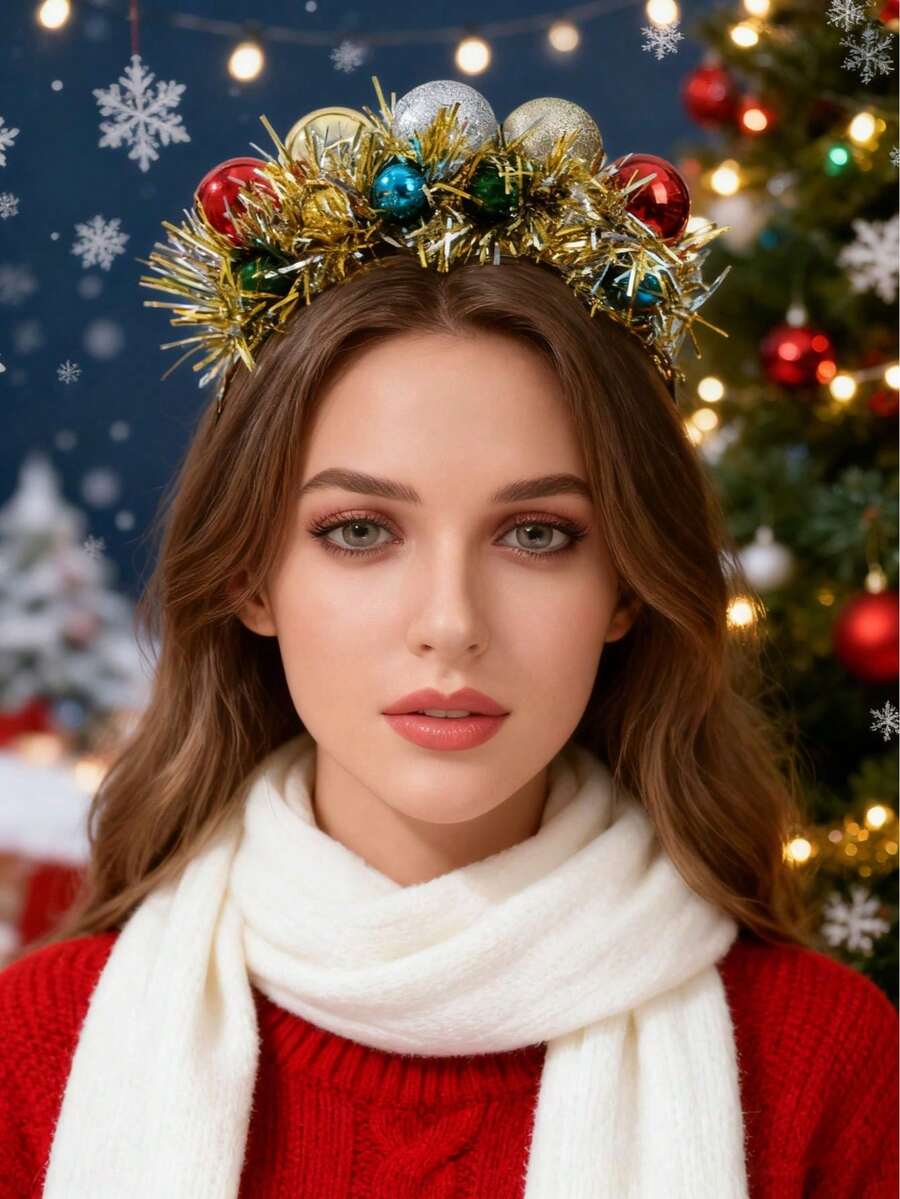 1 قطعة شريط رأس عيد الميلاد السحري - دائرة من خيوط الترتر الذهبية والزمردية مع زخارف من الترتر متعدد الألوان وحبات التوت البري للنساء لاكسسوارات شعر حفلات الأعياد، شريط شعر، حلقة شعر، حفلة