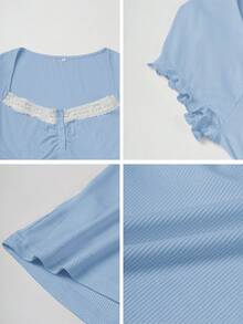 Y2K Preppy Style Women's Summer Casual Lace Patchwork Crew Neck Short Sleeve Knit T-Shirt - Blue - View 11