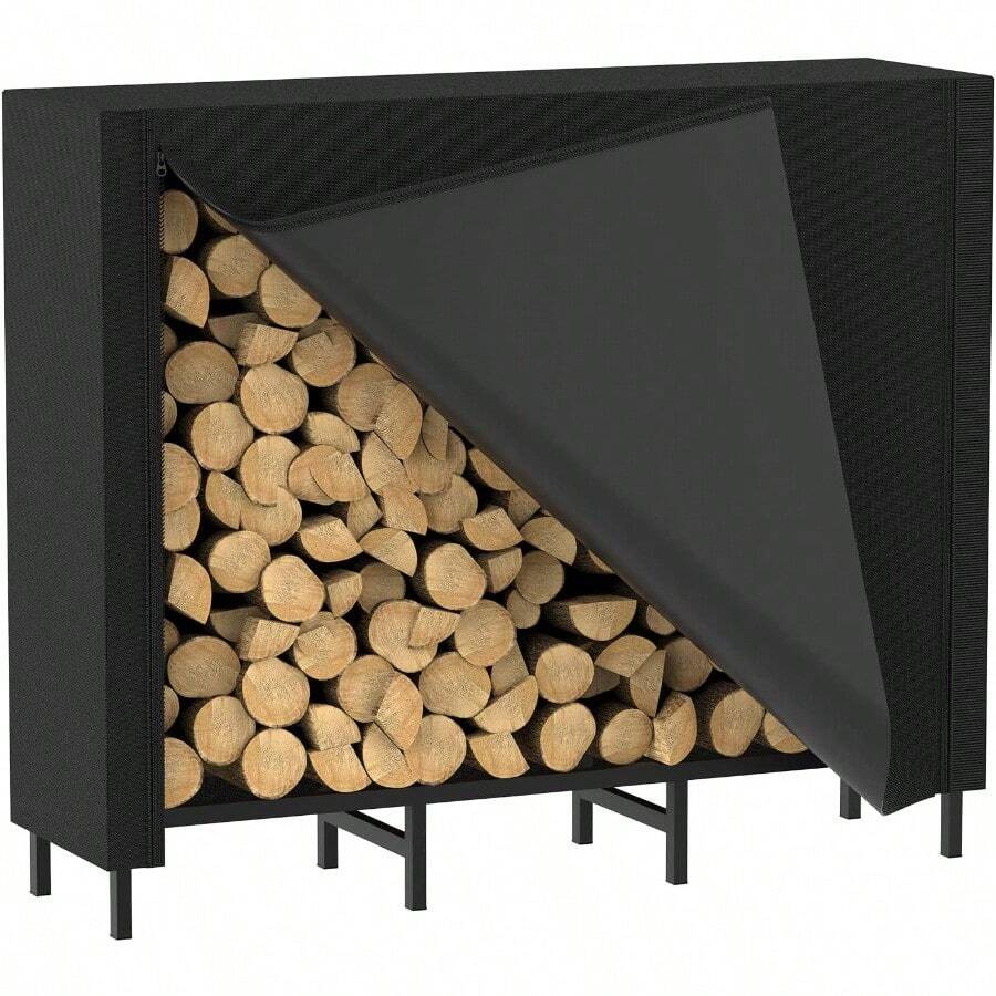CADUKE 4ft Firewood Rack Outdoor With Cover Log For Fireplace Storage Heavy Duty Holder Indoor Fire Wood Stand Black LTK169