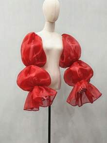 1pc Black Mesh Petal Sleeve, 2pcs Elastic 4-Layer Dark Bride Sleeve Cuffs - Multicolor - View 2