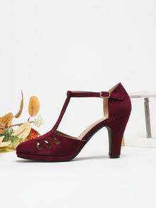 女士派对高跟鞋 T 字带镂空锥形跟舒适鞋搭扣厚底凉鞋，酒红色仿麂皮复古刺绣镂空鞋，圆头酒红色高跟鞋，酒红色鞋，酒红色高跟凉鞋，红色婚鞋，派对坡跟凉鞋 - 酒紅色 - 查看 4