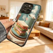 Cubierta de telefono con diseño de sándwich y taza de café color verde claro para uso diario en casa y oficina Aplicable a teléfonos Apple y Galaxy - Negro - Ver 6