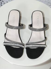 女士优雅水钻露趾粗跟穆勒鞋，百搭高跟鞋，适合婚礼、休闲和时尚场合，以及春夏穿搭 - 黑色 - 查看 6