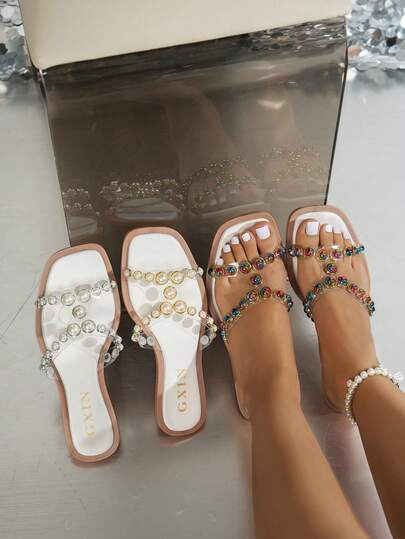 2026 New Pearl Decor Gold Flat Sandals, Casual Minimalist Style Flat Slippers, Faux Pearl Decor Beach Shoes, Home Slippers, Outdoor Fashion, Wedding, Work, School, Dorm, Vacation, Travel, Beach Wear