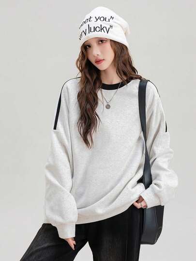 2025年新作 秋 レディース カジュアル ルーズ プルオーバー スウェットシャツ、シンプルデザイン コントラストカラー ラウンドネック