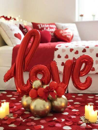 14个40英寸“LOVE”字样铝箔气球套装，红色和金色铝箔气球底座，金色和银色乳胶气球，情人节主题装饰，求婚，约会，婚礼装饰气球，适合商场橱窗展示，营造浪漫氛围