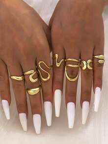 8pcs Vintage Asymmetric Hollow Smooth Ring Set, Women's Fashion Multi-Element Lava Texture Asymmetric Stackable Rings, Party Jewelry Accessories - Yellow Gold - View 8