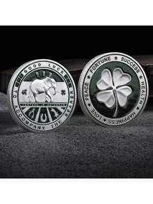 1pc Lucky Clover Commemorative Coin Elephant Coin Antique Silver Relief Commemorative Medal - Gold - View 8