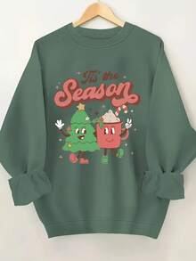 SeaDan Women's  Christmas Graphic Sweatshirt - Vibrant Pink Holiday Pullover With "Tis The Season" Print, Cartoon Tree & Hot Cocoa Design, Cozy Round Neck Casual Winter Top, Christmas Sweatshirt, Festive Clothing, Machine Washable Clothing - 軍綠色 - 查看 1