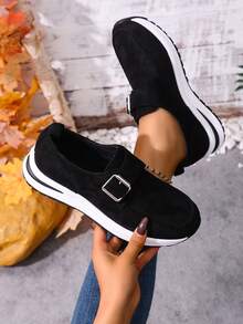 1 par de zapatos de cuña con plataforma y hebilla de tela con estampado de leopardo, adecuados para uso casual, al aire libre, fiesta, boda, moda, vacaciones y universidad, aptos para todo tipo de ocasiones - Negro - Ver 3