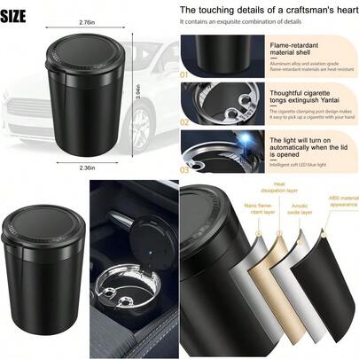 Car Ashtray With Lid Smell Proof Portable Mini Vehicle Cup Holder Cigarette Ashtray With LED Light Windproof Detachable Automotive Ash Trash Can Universal For Truck SUV Sedan Black-Liuruisongdediana