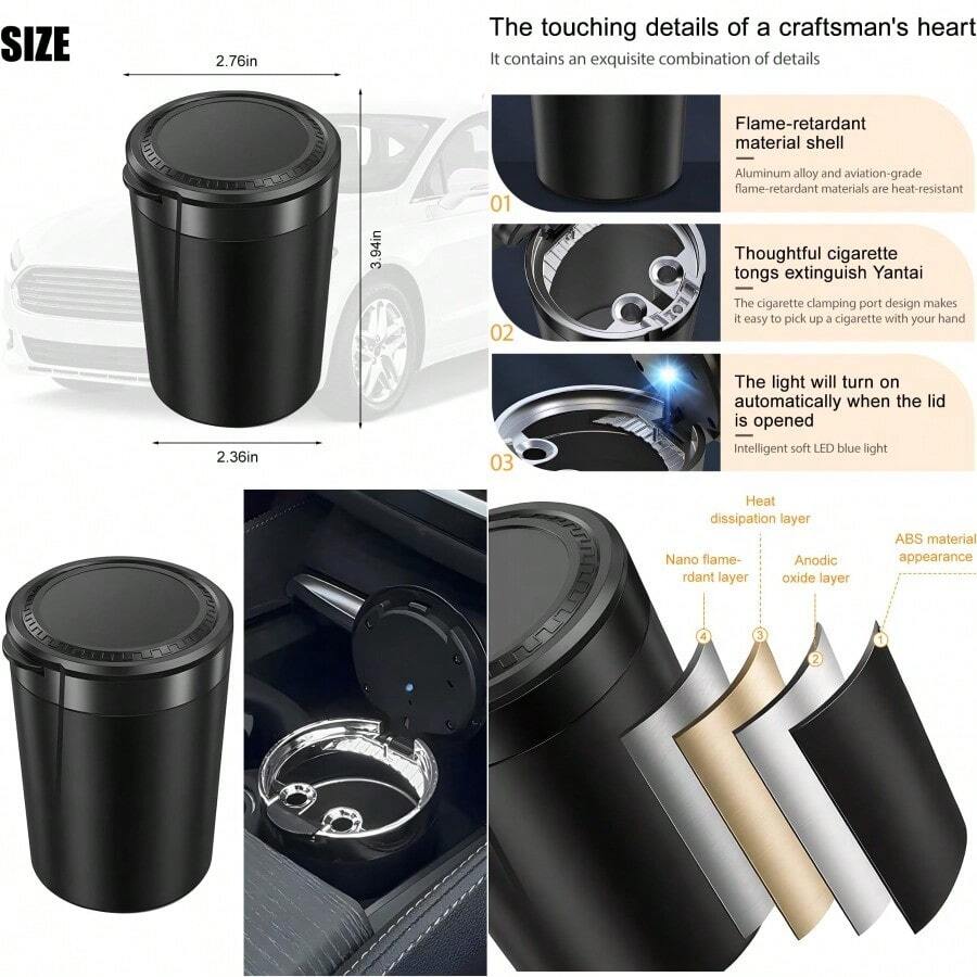 Car Ashtray With Lid Smell Proof Portable Mini Vehicle Cup Holder Cigarette Ashtray With LED Light Windproof Detachable Automotive Ash Trash Can Universal For Truck SUV Sedan Black-Liuruisongdediana