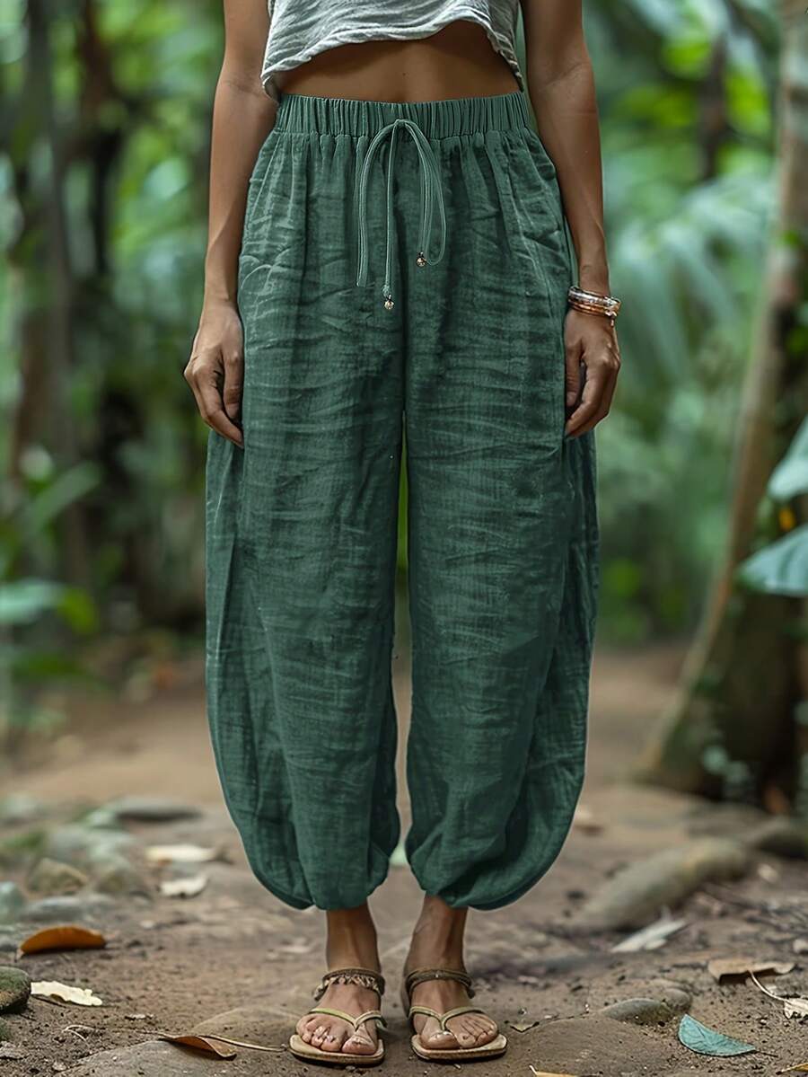 Women'S Linen Wide-Leg Pants - Loose Fit Trousers With Drawstring Waist, All-Season Casual & Formal Pants For Everyday & Formal Outfits - Elegant Solid Color, Machine Washable Non-Stretch Fabric, Relaxed Fit Pants - 軍綠色 - 查看 1