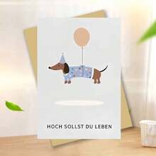 Thiệp mừng sinh nhật người lớn bằng tiếng Đức - Chú chó Dachshund đội mũ dự tiệc và bóng bay với lời chúc "Muôn năm bạn" (kèm phong bì) - Nhiều màu - Xem 13