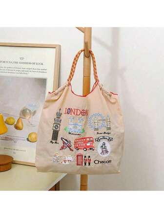 新款休闲学院风日系时尚女士手提包，刺绣尼龙伦敦都市购物手提包，小众设计多功能通勤大容量单肩手提包